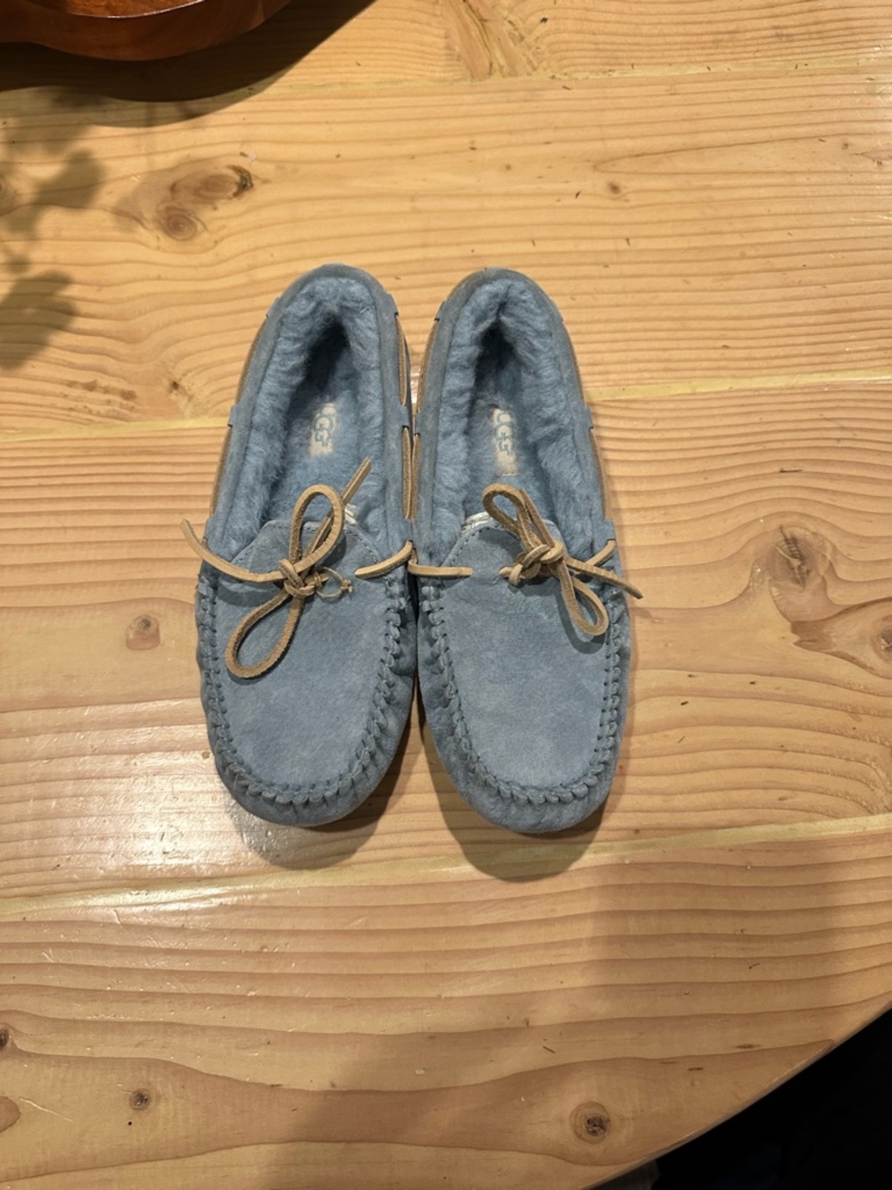 UGG Blue Suede Moccasin Slippers with Shearling Lining